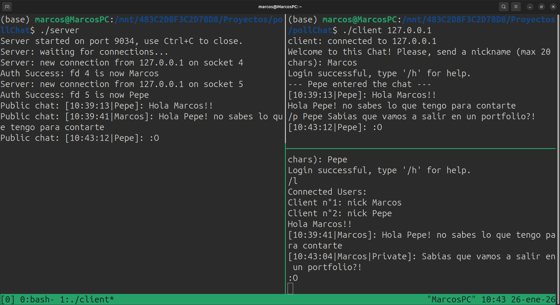 Captura del proyecto PollChat, servidor de chat en C usando poll